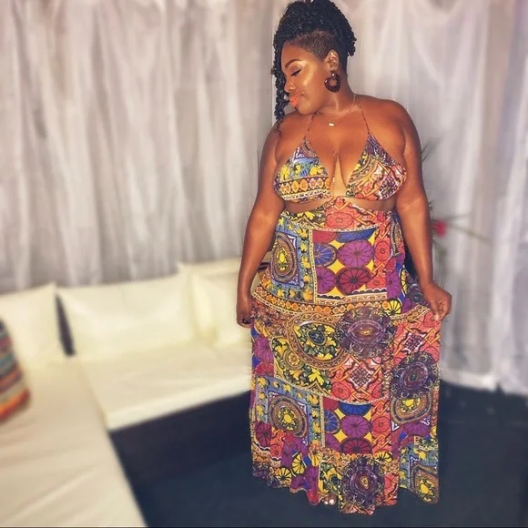 Multicolor pattern mesh bikini ruffled maxi dress plus size - Picture 1 of 3